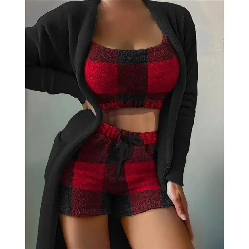 

Пикантные женские комплекты из 3 предметов, плюшевая бархатная Пижама, одежда для сна, топ + шорты + кардиган, пальто, спортивный костюм, домаш...