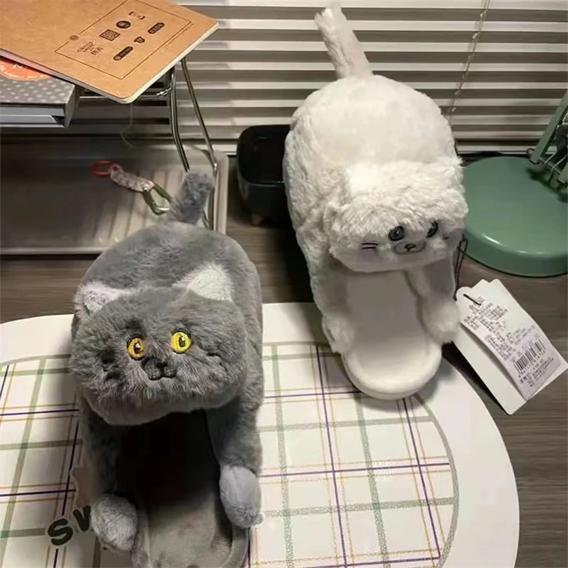 Плюшевые хлопковые тапочки в виде кота для девочек зимние теплые деревянного