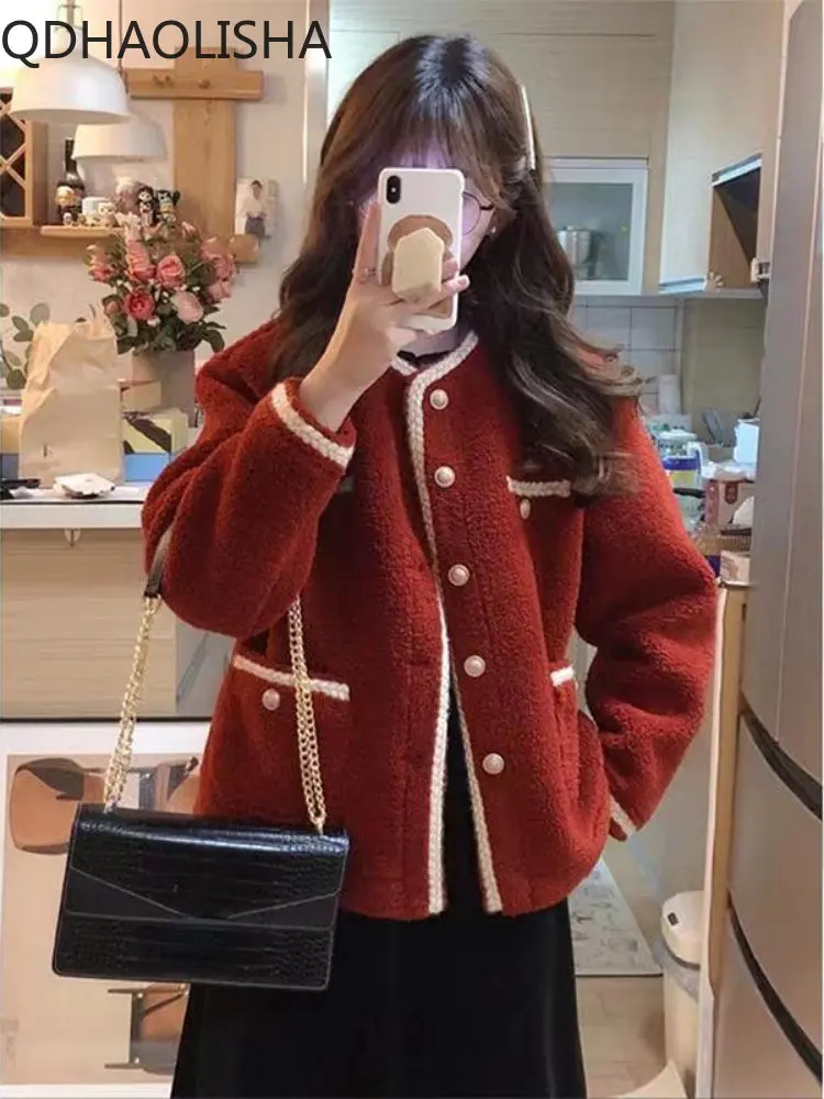 

New Korean Red Small Fragrant Fleece Coat Women's Design Top Stuffed Winter Jackets for Women New In Outerwears External Clothes