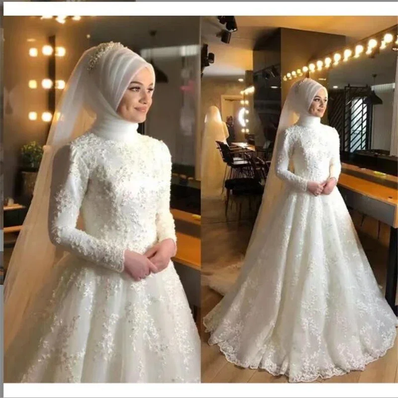 

Middle East High Neck Muslim Wedding Dresses 2024 A Line Long Sleeves Lace Bridal Gowns For Bride Arabic Women Vestido De Noiva