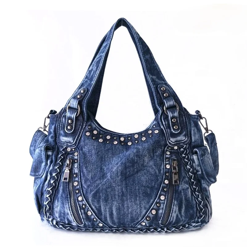 

Fashion Denim Women Diamonds Tassel Shoulder Bag Jeans Weave Rivet Tote Bag Purses and Handbags Hobo Bag Ladies Messenger Casual