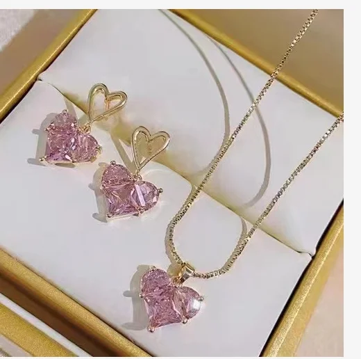 

Fashion Rhinestone Pink Heart Shaped Pendant Necklace Earring Set Women's Sweet Romantic Jewelry Gift