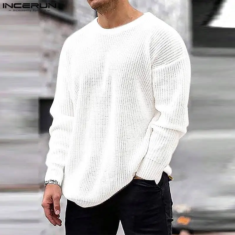 

INCERUN Tops 2023 American Style Men's Fashionable O-neck Hollowed T-shirts Casual Solid Comfortable Long Sleeved Camiseta S-5XL