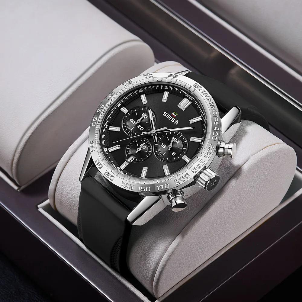 2023 Fashion new hot selling three eyes six needles sports timing function calendar silicone belt men's watch 1120