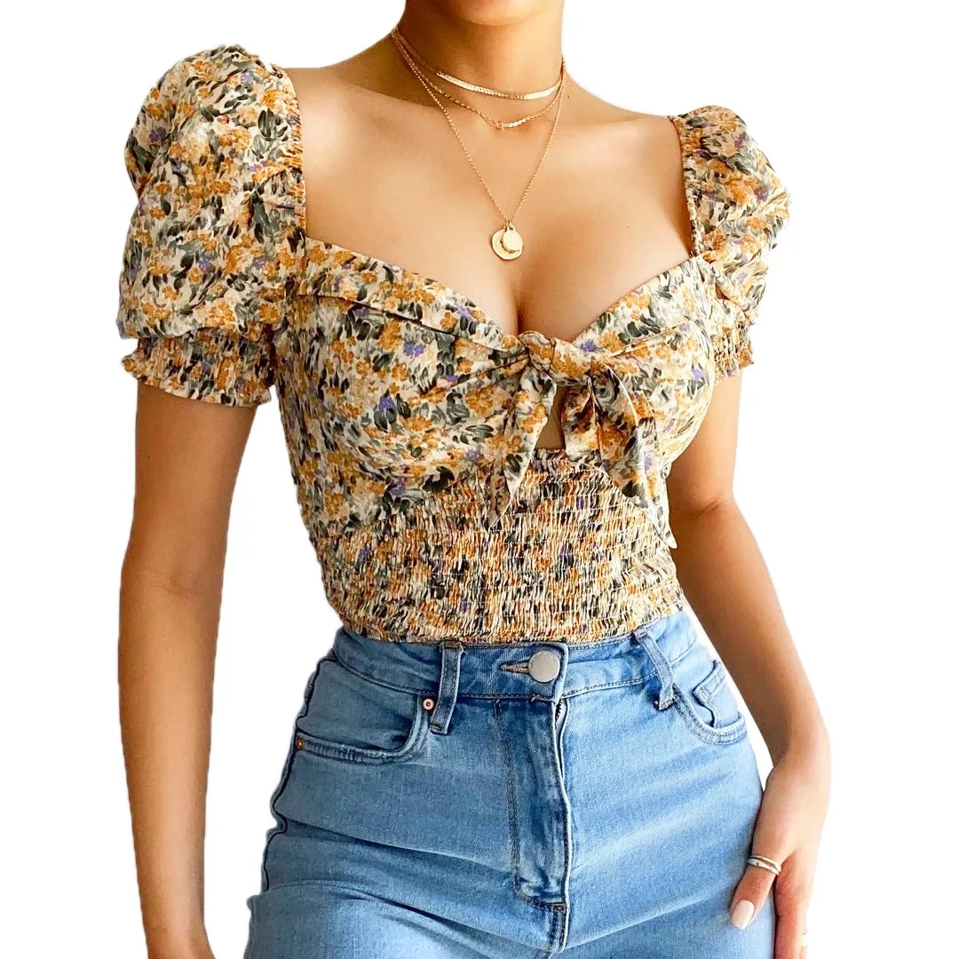 

Puff Sleeve Crop Top Floral Cut Out Ruffled V Neck Bow Slim Fit Elastic Print Blouse Summer Chic Tops Women