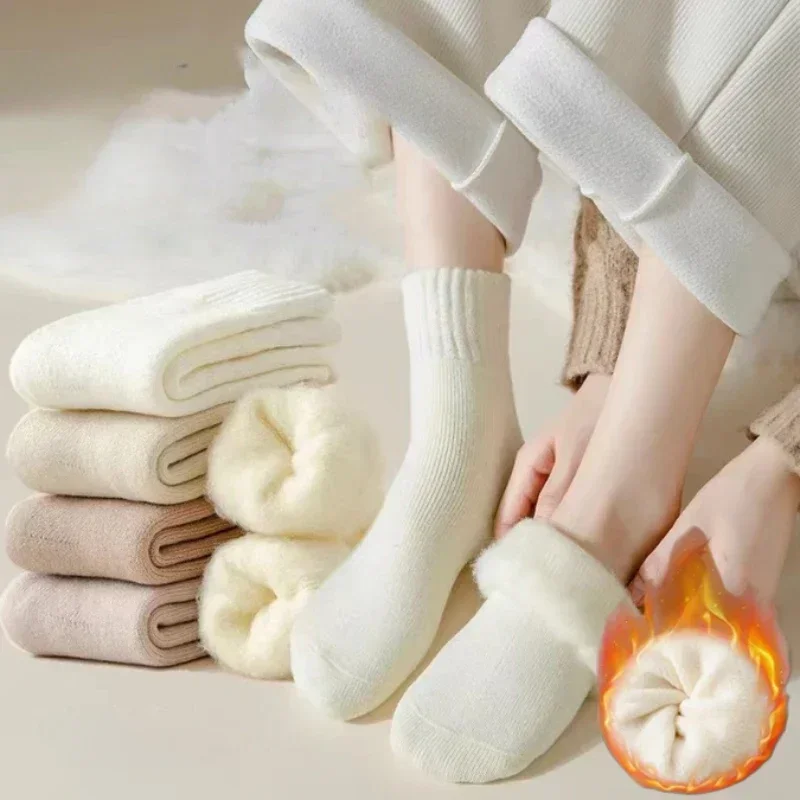 

Женские длинные носки, зимние однотонные плотные теплые шерстяные пушистые носки средней длины, женские удобные мягкие носки для дома и сна