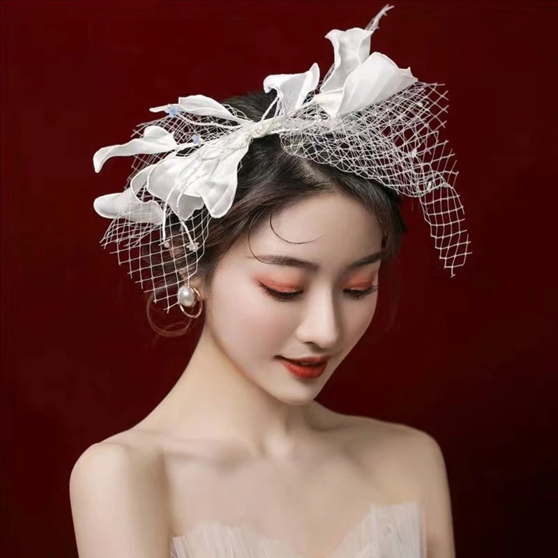 

Wedding Bridal Hair Accessories Sweet Crepe Petals Bow Mesh Veil Headband Jewelry Banquet Party Women Styling Headdress