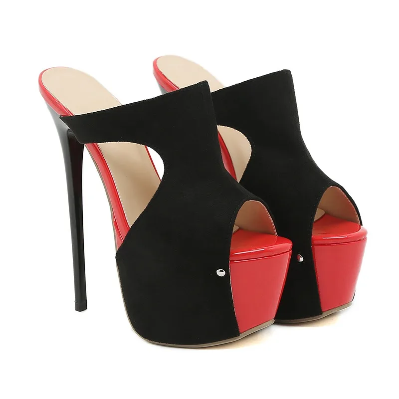 

2023 Sexy Women 17cm Mules Slippers Fashion Wedding Party Peep Toe Platform High Heeled Black Red collocation Sandals Pumps