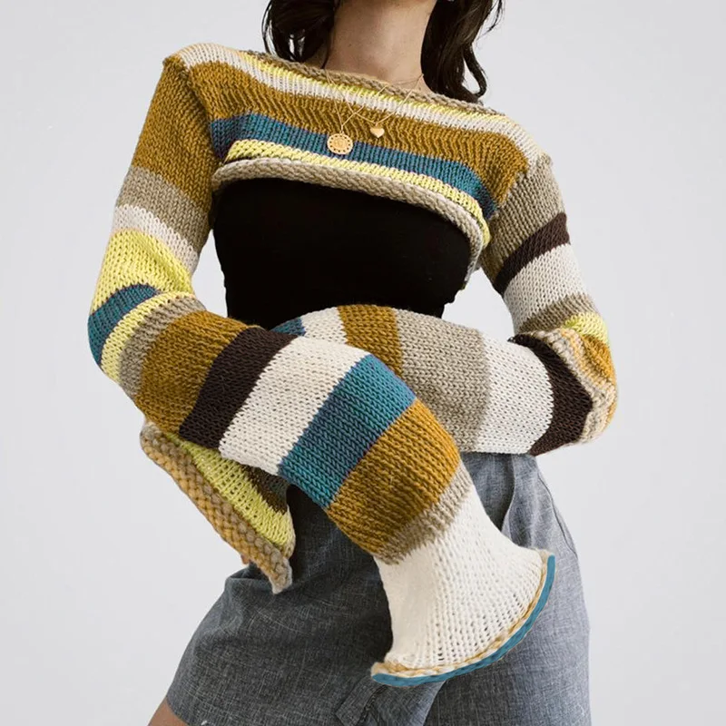 

Y2K Color-blocking Crochet Hollow-Out Knitted Crop Tops Women Summer Fall See Through Sexy Smock Long Sleeve Pullover Sweaters