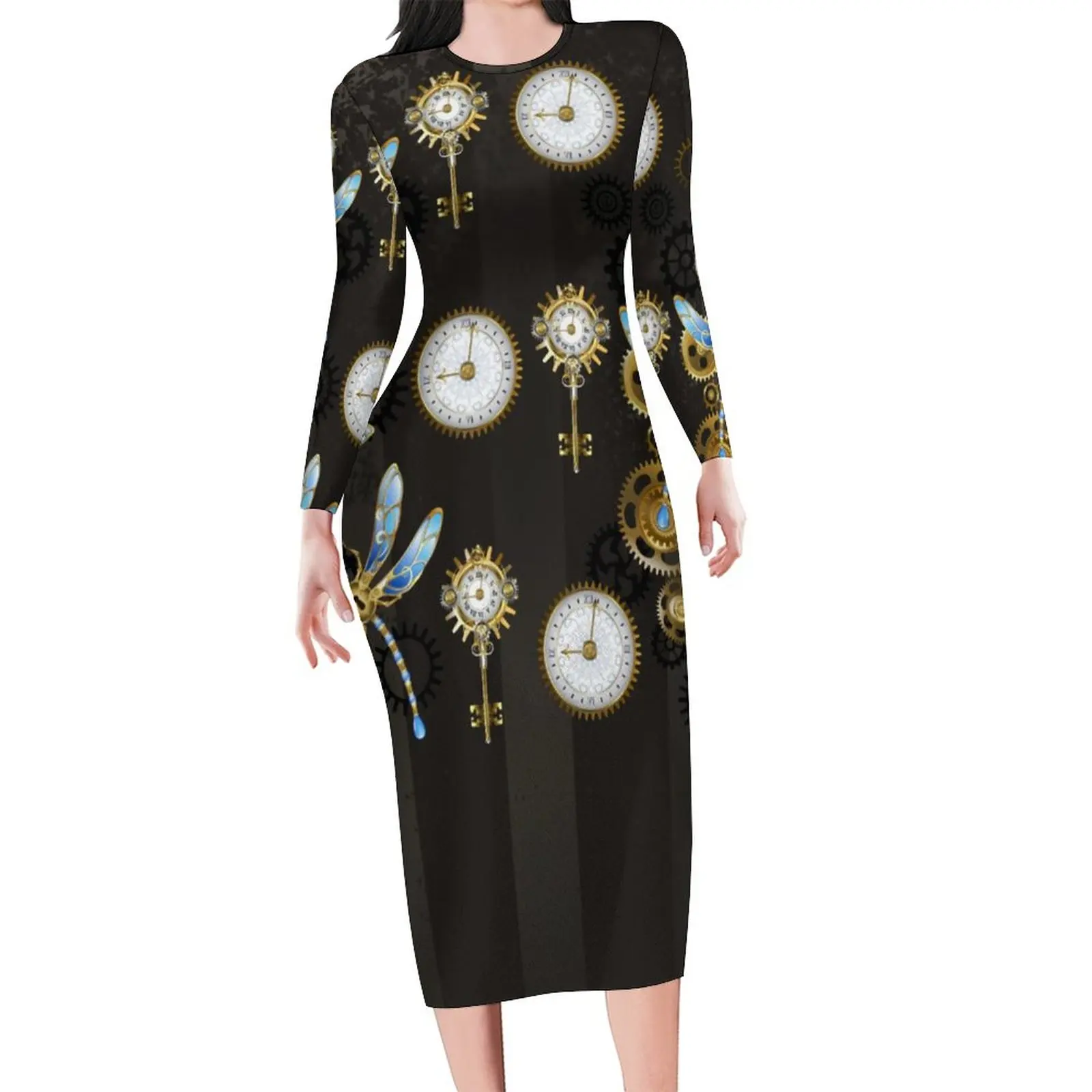 

Женское облегающее платье в стиле стимпанк, коричневые полосатые платья в стиле «стрекоза», дизайнерское уличное модное платье с длинным р...