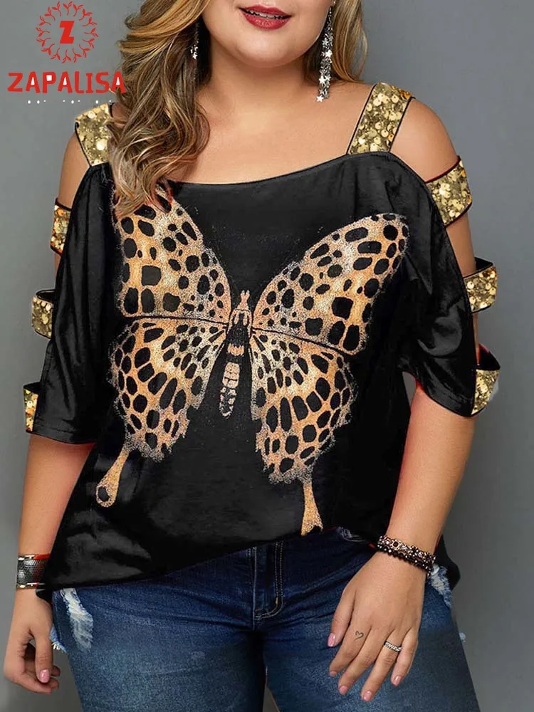 

Plus Size Summer Butterfly Feather Print T-Shirts for Women Hollow Out Design Sequins Decor Half Sleeve Casual Loose Top