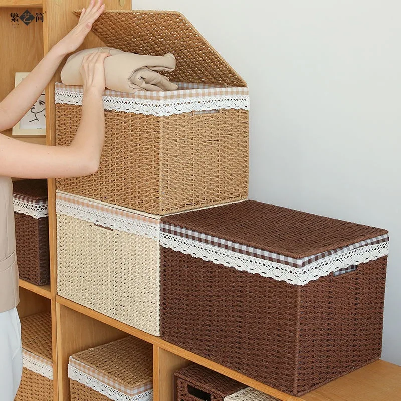

Rattan Weave Storage Baskets Add Lid Basket Desk Kitchen Organizer Picnic Fruit Storage Box Cosmetic Laundry Container Cesta