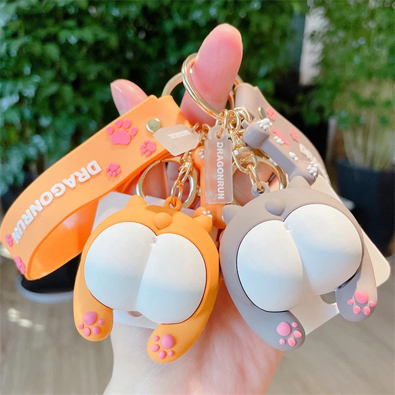 

New Cute Kitten Butt Leather Bag Car Keychain Plastic Soft Rubber Doll Pendant Key Holder Ring Accessories Jewelry Gift