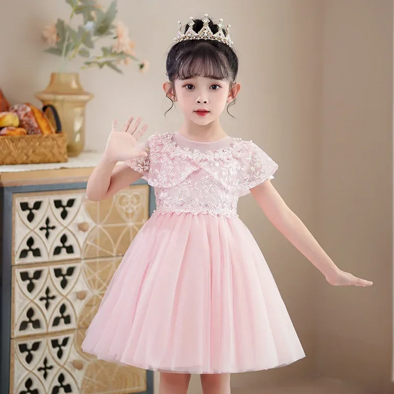 

Fashion Flower Girl Dresses for Weddings Lace Mesh Shorts Sleeve Prom Dresses Summer Children Girls Dresses 3-14 Years