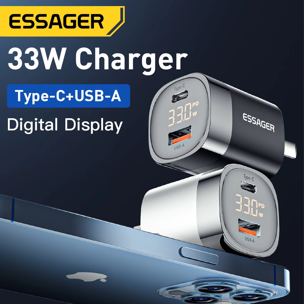 

Essager 33W GaN USB Charger Fast Charger PD QC 3.0 USB C Charger Quick Charger For iPhone14 13 12 Laptop Portable Travel Charger