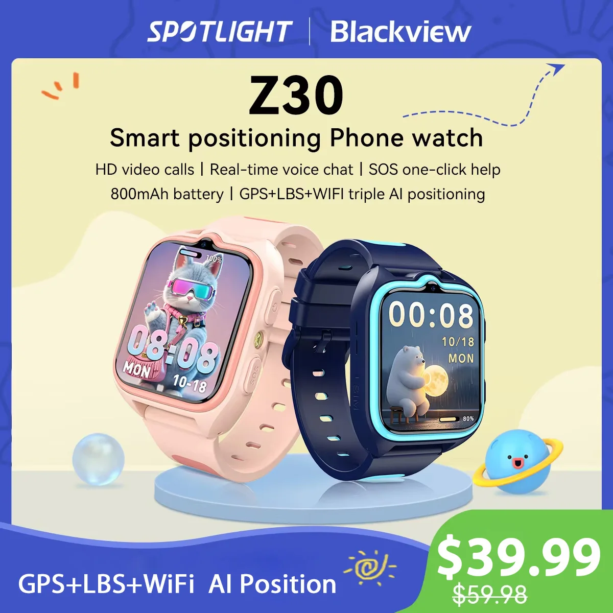 Фото Детские умные часы Blackview Z30, детские часы для телефона, LBS + Wi-Fi + GPS, тройное позиционирование AI, видеозвонок 4G, умные часы для телефона №1