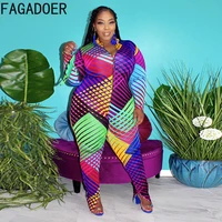 fagadoer plus size women geometry printing jumpsuits casual lady deep v neck full sleeve zipper bodycon rompers 2022 spring 5xl