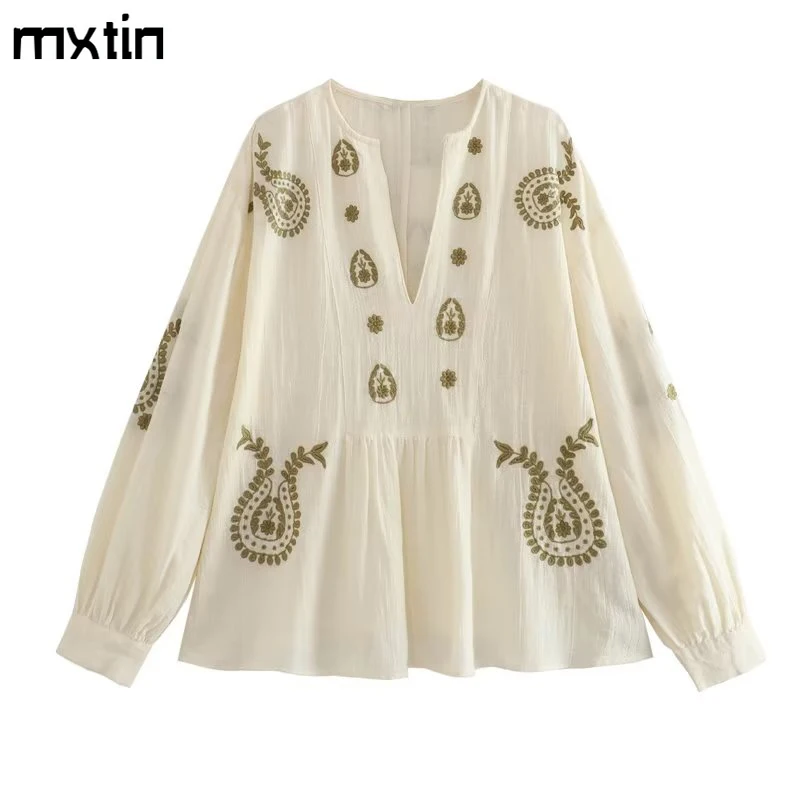 

Блузка женская хлопковая с вышивкой, модная винтажная Повседневная рубашка свободного покроя со складками, с V-образным вырезом и длинным рукавом, шикарный топ, на лето