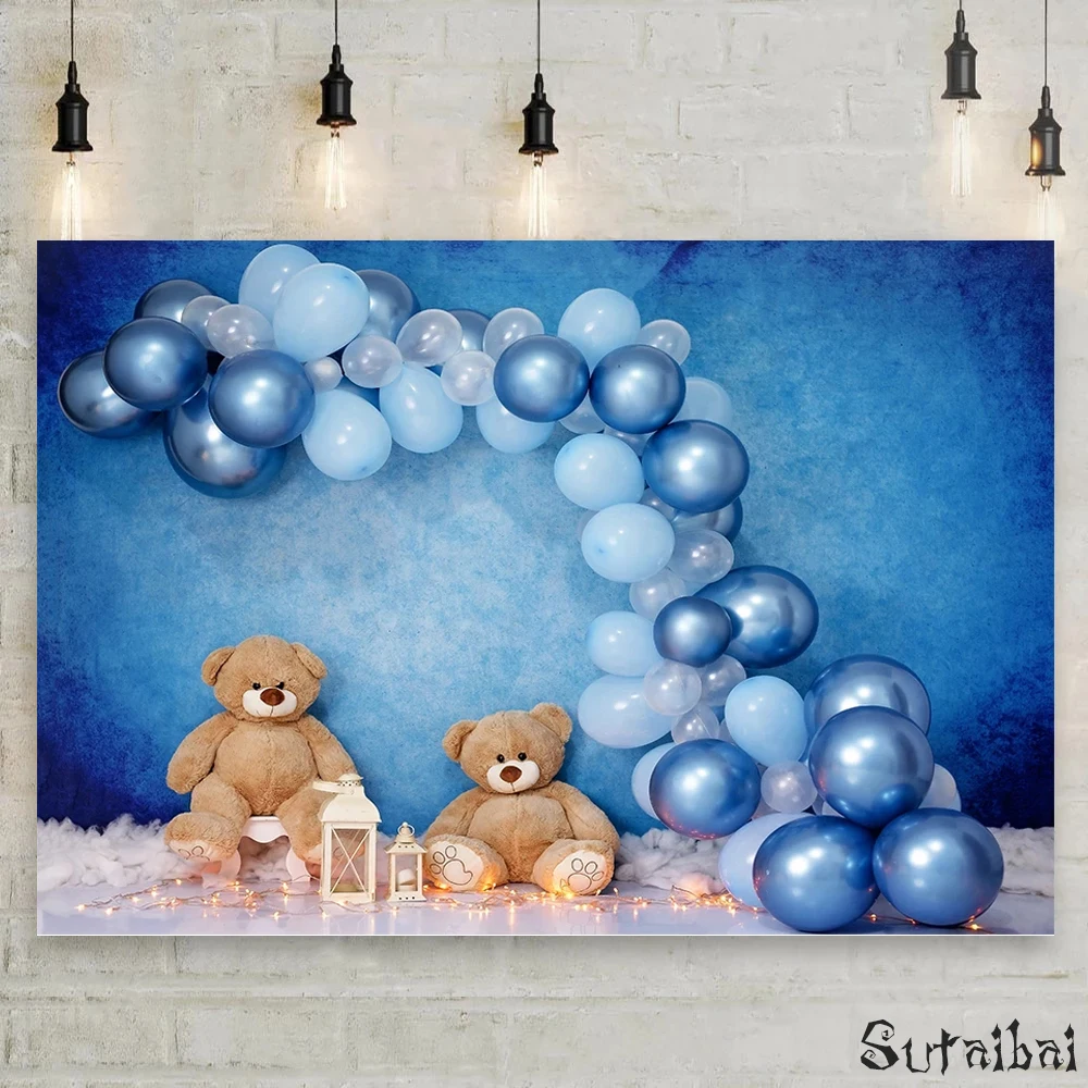 

Children Birthday Cake Smash Photography Backdrops Blue Balloon Teddy Brown Bear Dolls Decoration Photo Studio Booth Background