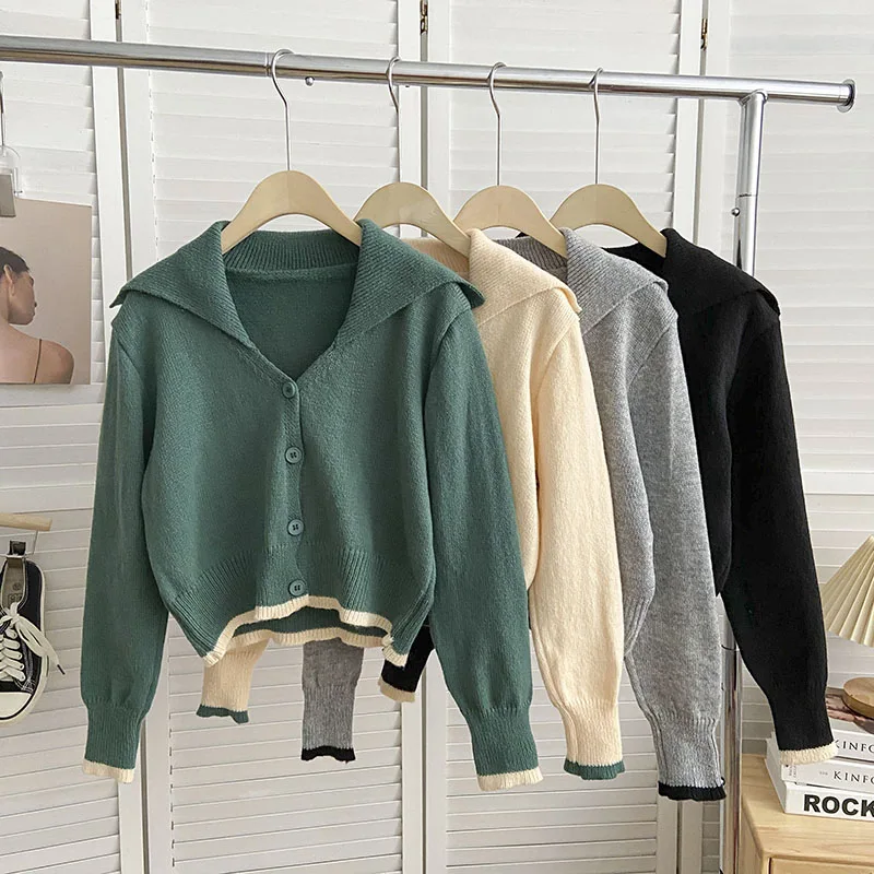 

Chic Sailor Collar Knit Pullover Woman Preppy Style Button Korean Fashion Female Color Blocking Long Sleeve Sweater Dropshipping
