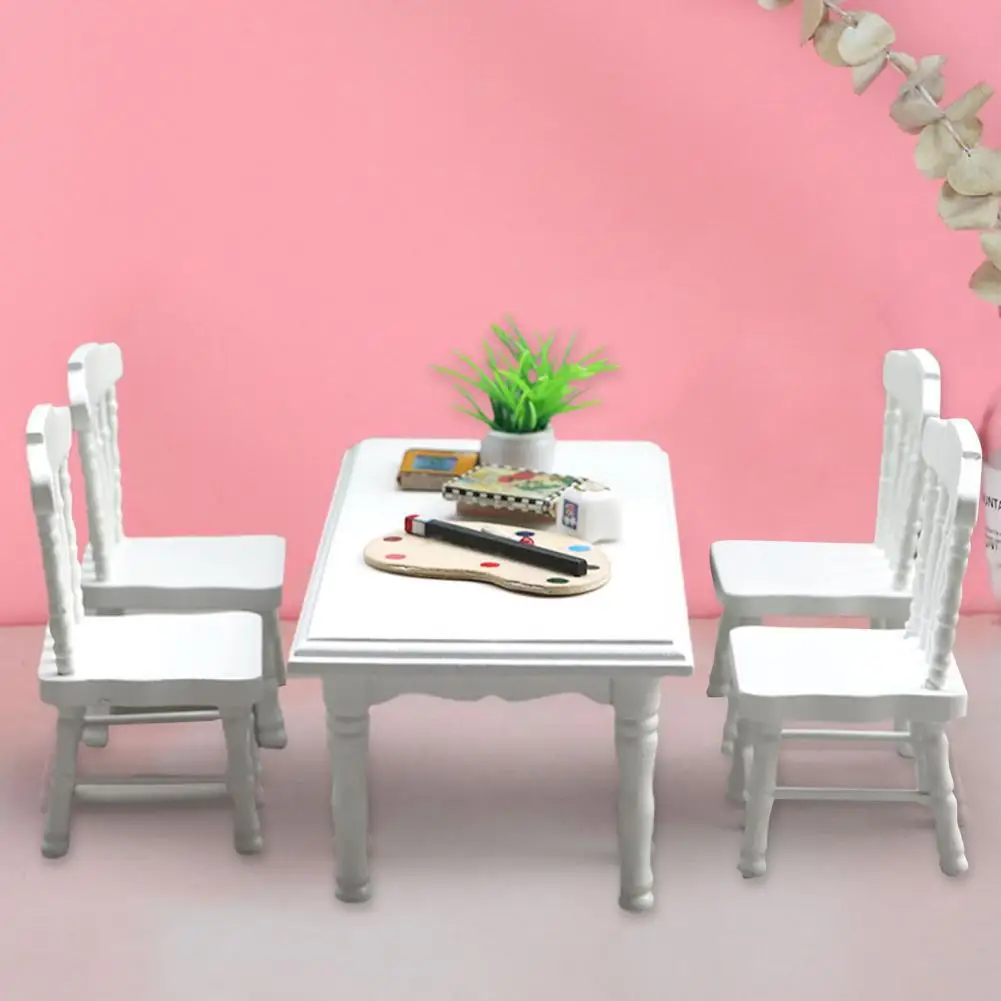 

Compact Beautiful 1:12 Miniature Wooden Dining Room Furniture White Mini Table Chair Simulated Scene Prop