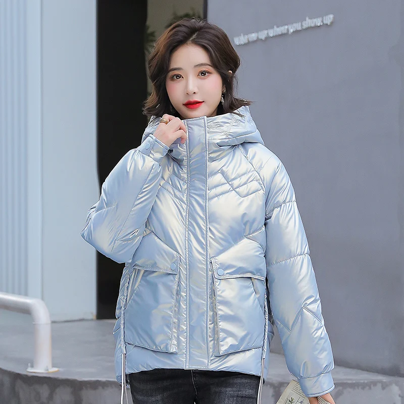 Women 2021 New Casual Drawstring Big Pocket Parkas Coats Short Glossy Hooded Parka Solid Color Winter Loose Jackets for Female