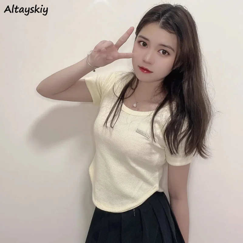 

Short Sleeve T-shirts Women New Arrival Popular Fashion All-match Knitting Cozy Korean Style Summer Solid Clothing Breathable
