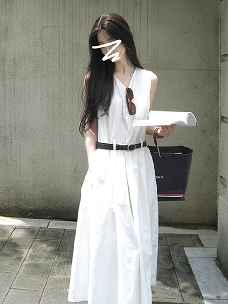 Белое платье без рукавов с V-образным воротником Cold Sle женское лето 2023 Новое