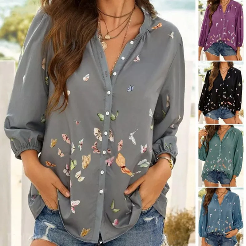 Купи Spring and summer 2023 new women's butterfly print long sleeve lapel shirt blouse за 324 рублей в магазине AliExpress