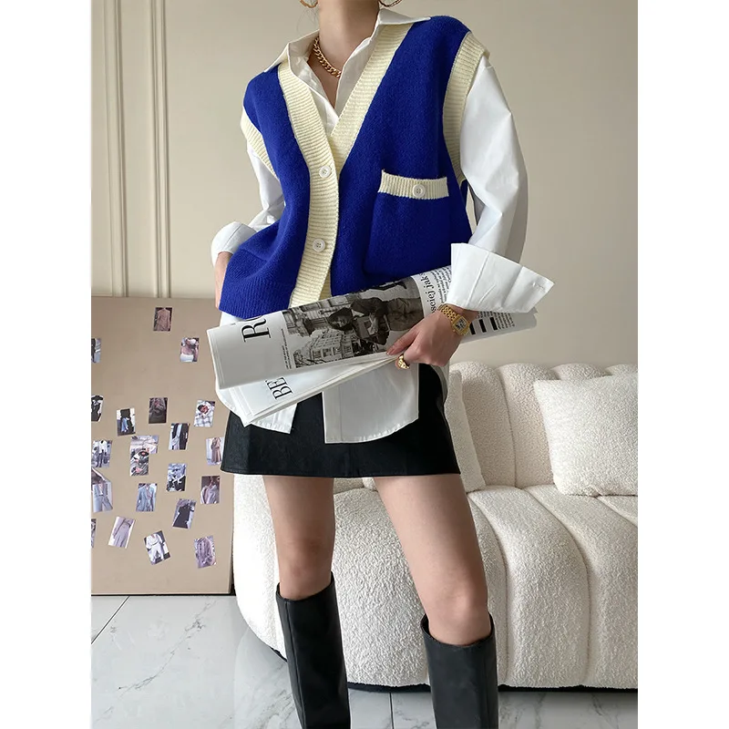 

HXJJP 2022 Spring Autumn Women’s Casual Deep V Neck Solid Color Sleeveless Sweater Vest Female Button Up Cardigan Outerwear
