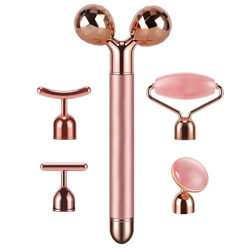 

5-in-1 24K Gold Beauty Bar Face Massager Electric Vibrating Rose Quartz 3D Roller Face Lifting Body Facial Gua Sha Jade Roller