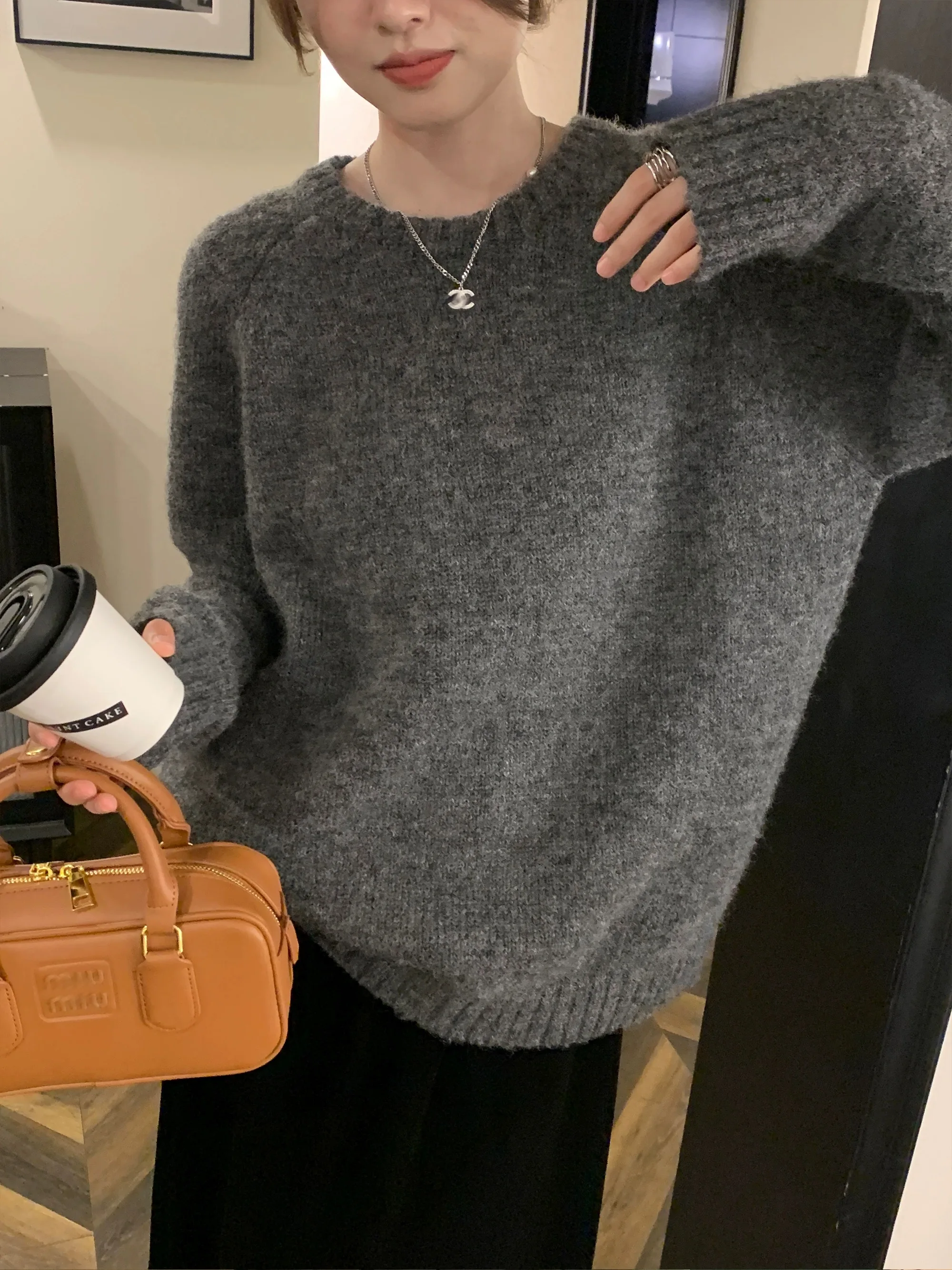 Женский кашемировый свитер вязаный пуловер с круглым вырезом и длинными