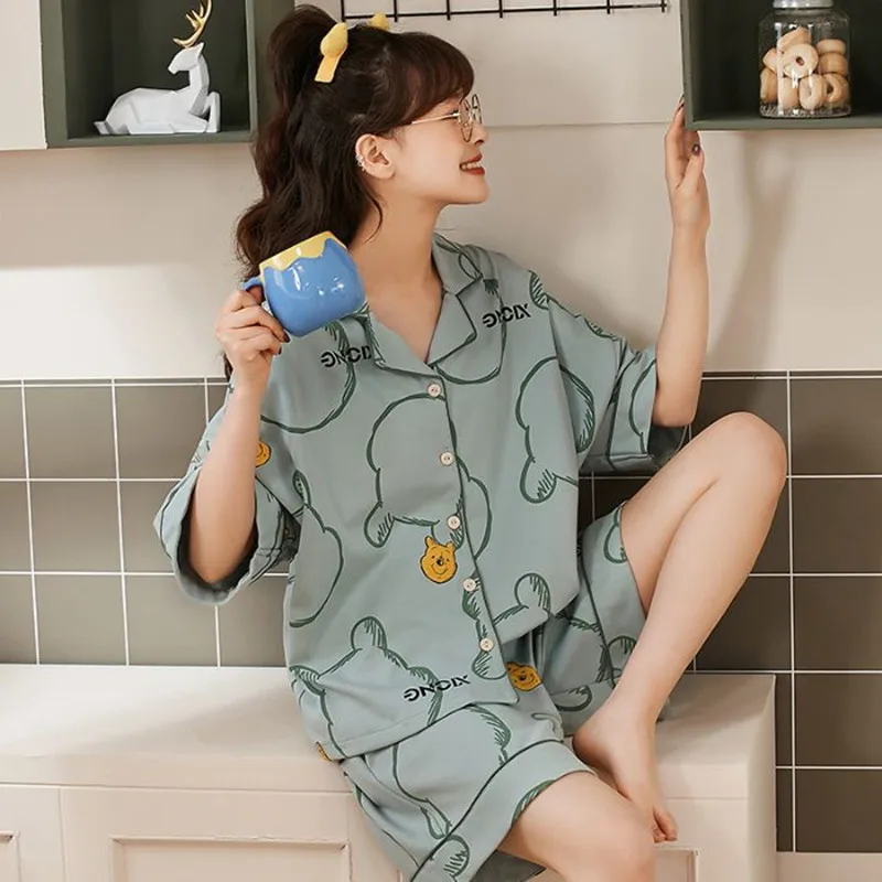 1 Pajama Woman Summer 2023 New Thin Short Sleeve Cotton Sweet Lady Loungewear Set