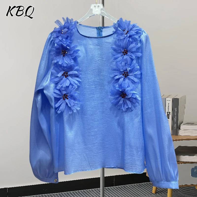 KBQ однотонные шикарные рубашки с аппликацией для женщин круглым вырезом в стиле