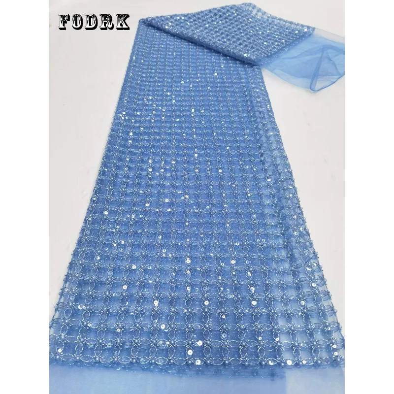 

New Elegant African Beaded pearl Tulle Lace Fabric 2023 High Quality sequins Lace 5 Yards Nigerian Material Fabric for Party