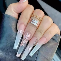 24pcs false nails pink butterfly long style artificial fake nails with glue full cover nail tips nails press on nail art