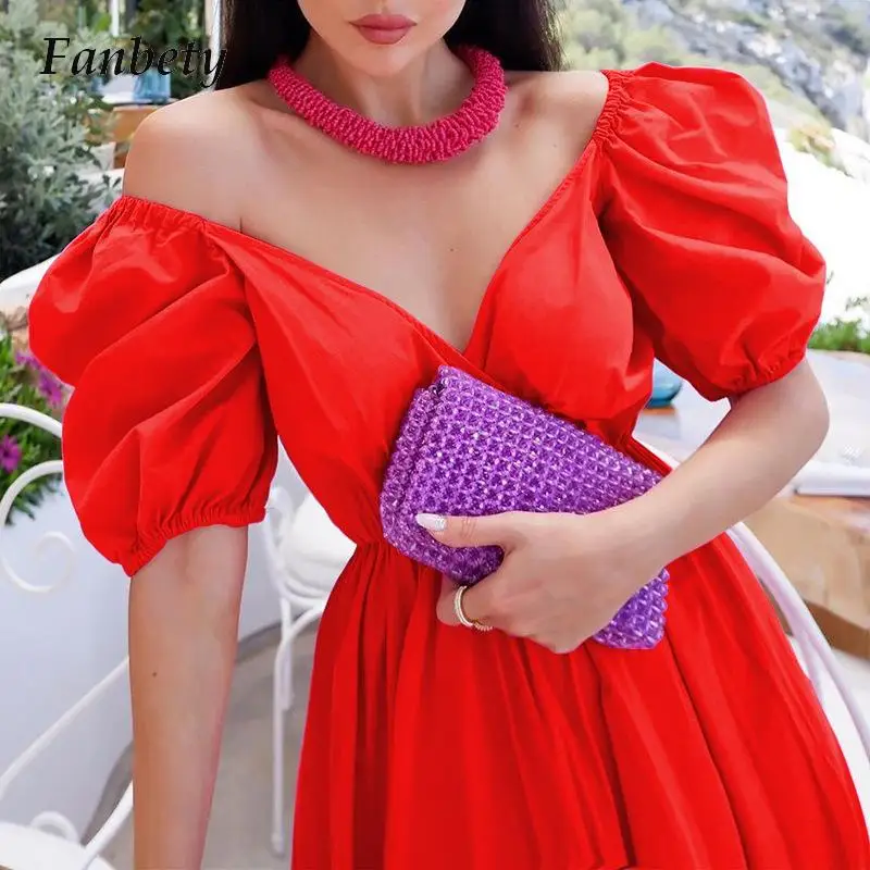 

Элегантное темпераментное платье с пышными короткими рукавами и V-образным вырезом, летнее однотонное Плиссированное длинное платье с тали...