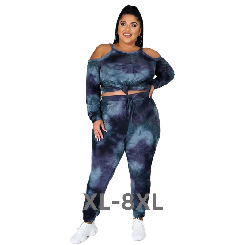 

Plus Size Clothing for Women Off Shoulder Long Sleeve Top and Pants Sets Tie Dye Two Piece Outfits 3xl 4xl 5xl 6xl