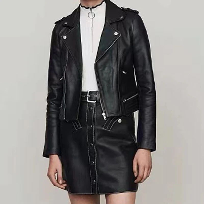 Classic Women's Flap Collar Long-sleeved Biker Jacket 2022 Early Spring New Commuter Slim Black Leather Jacket Short Jacket