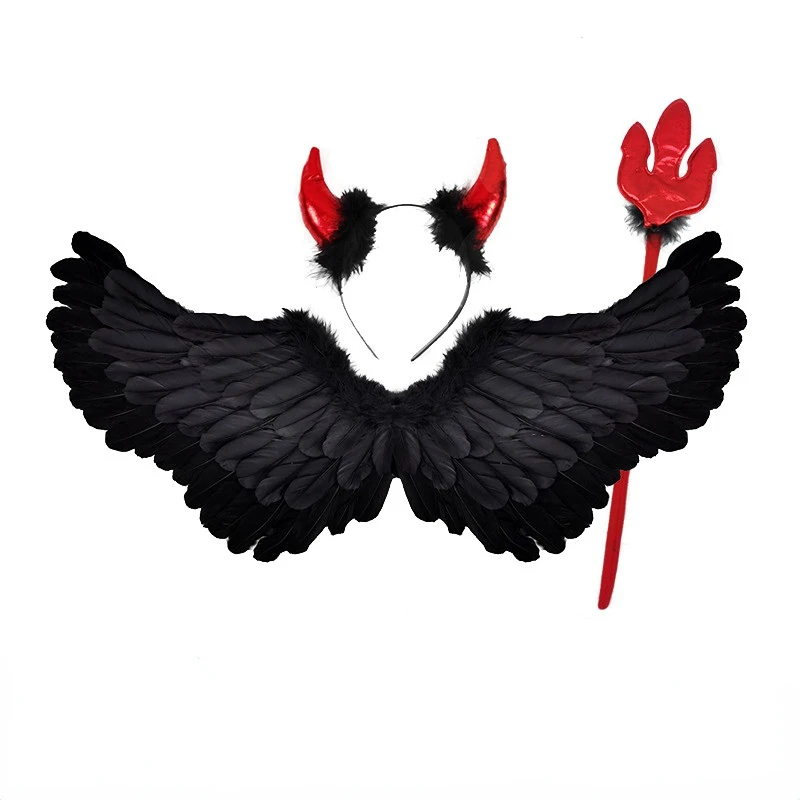 

Handmade Black Angel Halloween Props for Kid's Cosplay Costume Devil Horns Headpiece Wing Halloween Costume Dress-up Accessories