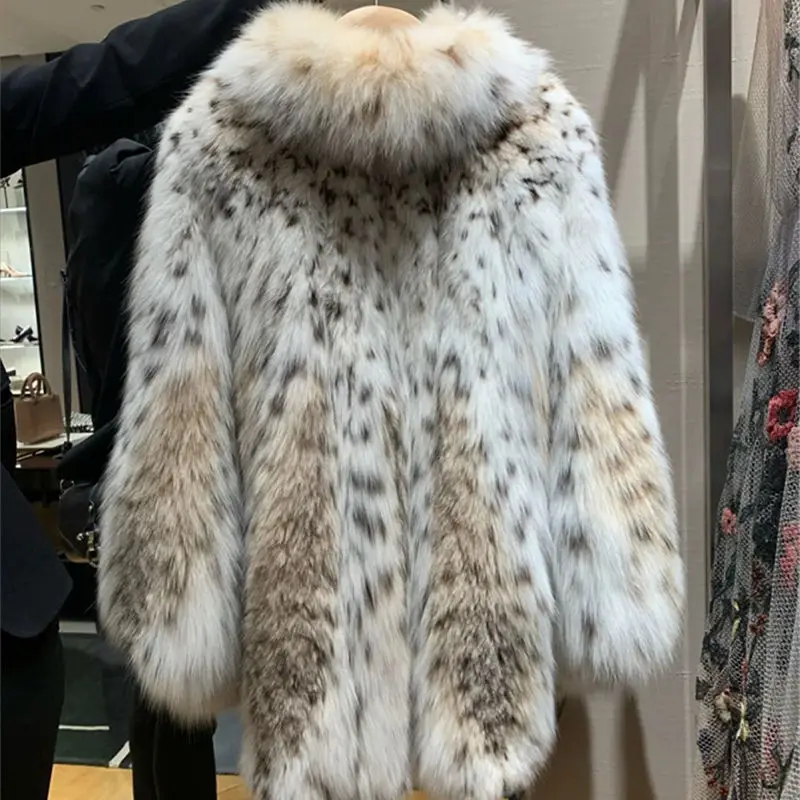 Womens Fur Coat Fake Fur Jacket Winter Jacket Leopard Fur Coat Winter Medium Length Thickening Imitation Fox Hair Coat