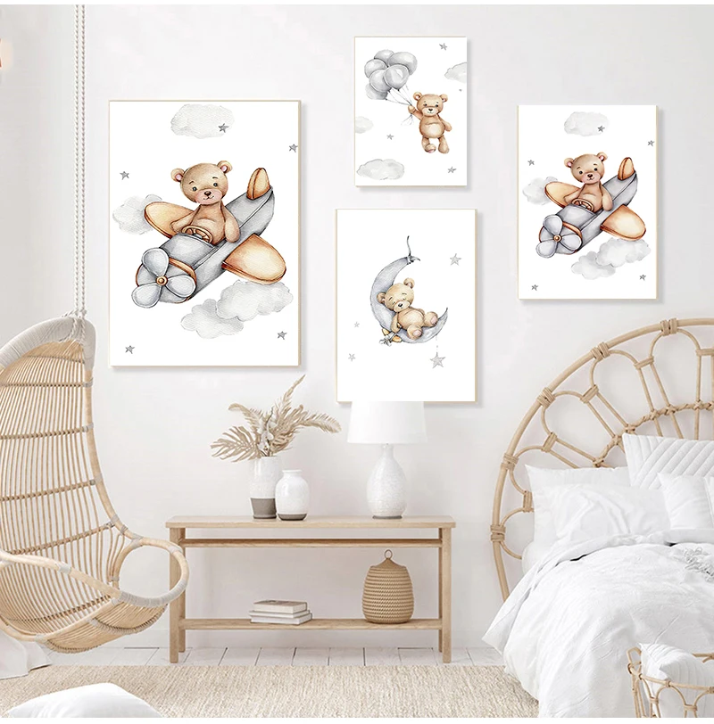 

Медведь Луна воздушный шар животное холст живопись детский постер Художественная печать мультфильм Настенная картина нордический детский Декор для детской спальни