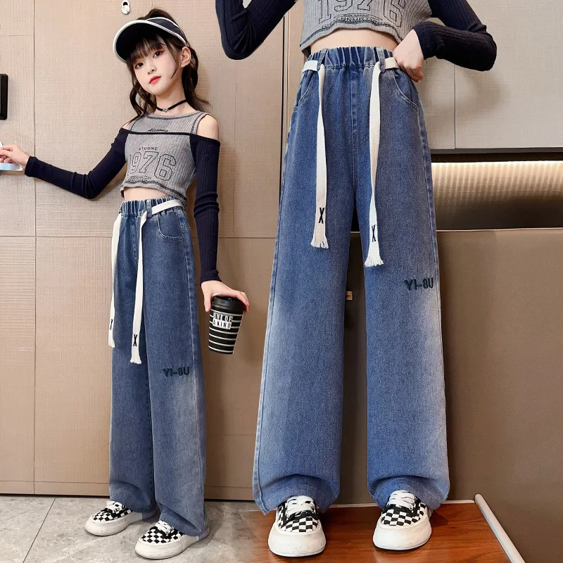 

Girls Jeans Spring Autumn Casual Fashion Teen Kids Wide Leg Insulated Jeans Pants School Children Denim Trousers 6 8 10 12 14Y