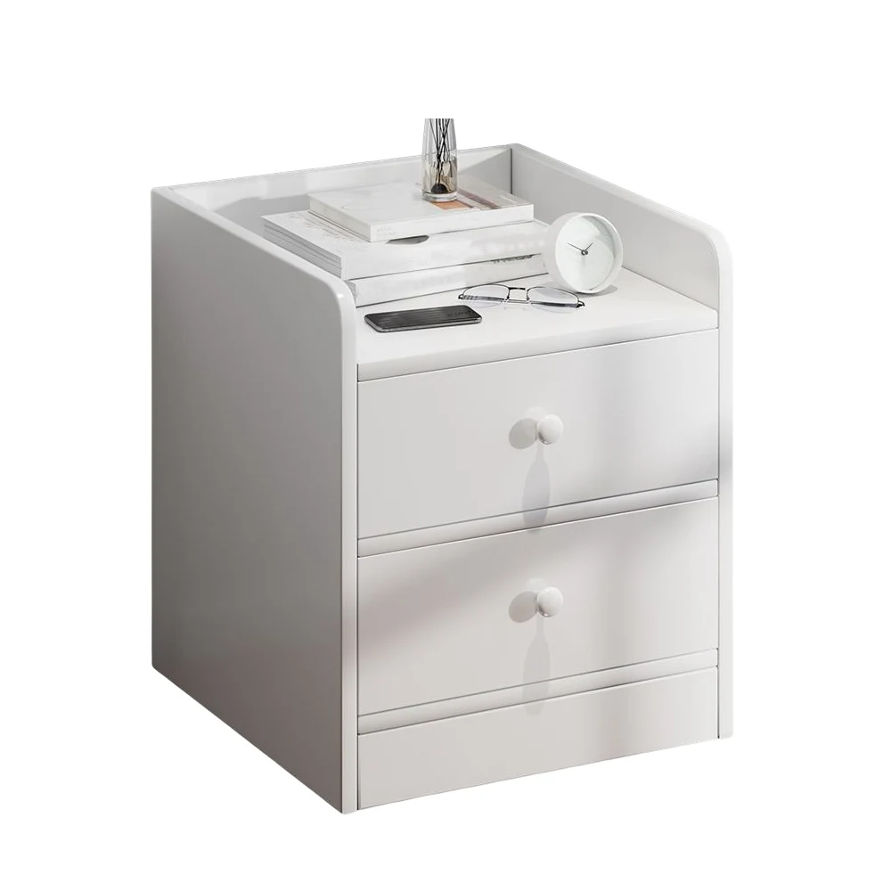 

Household White Bedroom Bedside Table Material Warm Wood-Based Nightstands Panel Mobile Simple Storage Space Saving Furniture