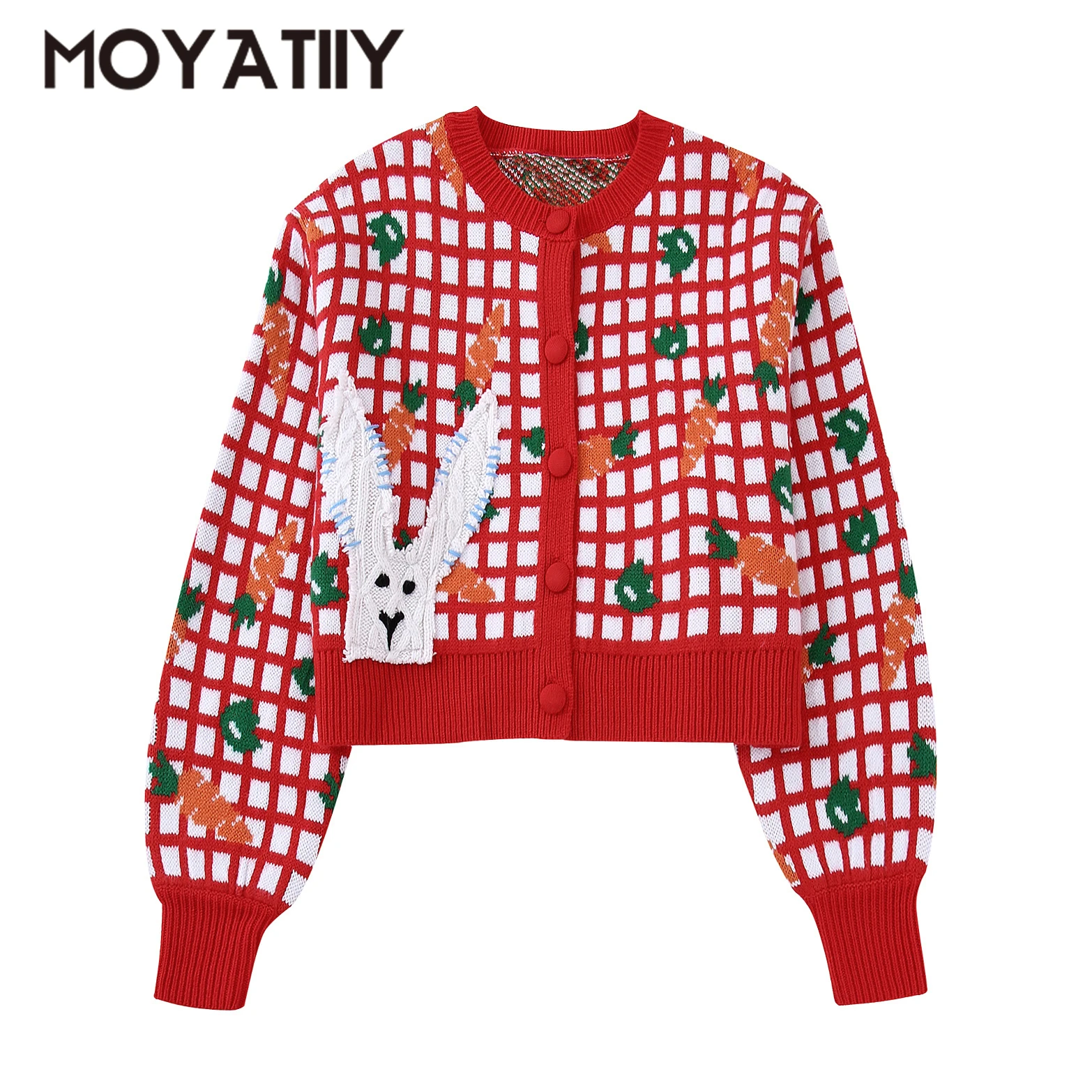 

MOYATIIY Women Spring Cardigans Fashion Embroidery Carrots Rabbit Cartoon Pattern Cardigans Sweaters Long Sleeve Female Tops