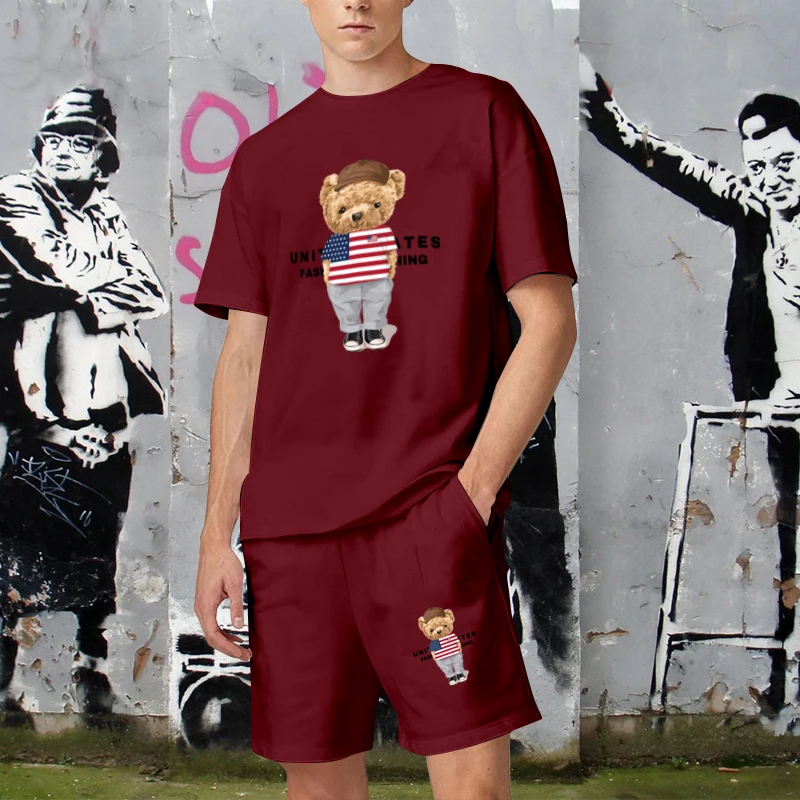 2023 Latest American Flag T-Shirt Cotton Men's 2-Piece Bear Graphic T-Shirt Luxury Brand Men's Summer Shorts Sportswear Couples