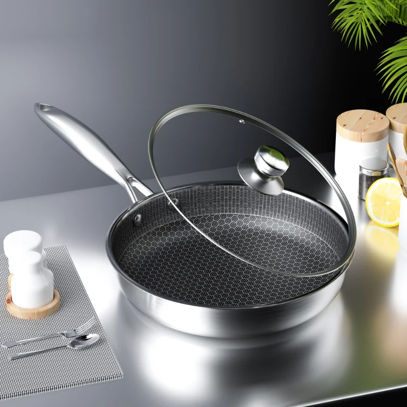 

26/28cm With Glass lid Frying Pan Stainless Steel Cooking Pot Non Stick for Cooking Steak Pancake Egg for induction Cooker