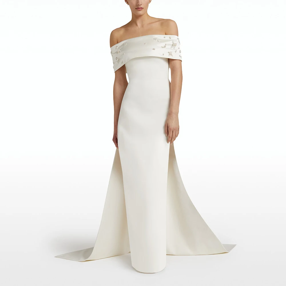 Прямой вырез лодочкой в пол однотонное трикотажное свадебное платье без рукавов