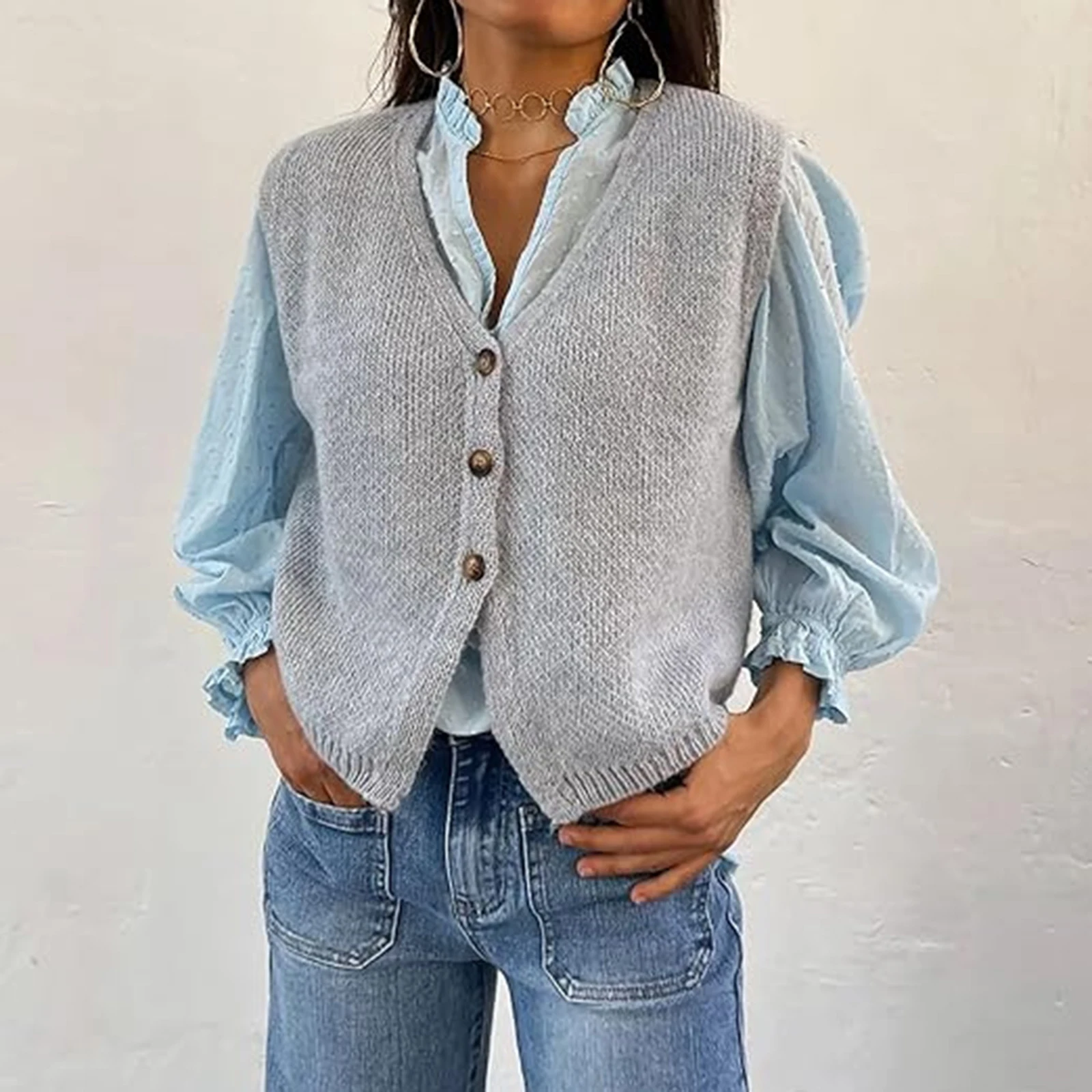 Hirigin женский вязаный жилет на пуговицах Y2k повседневный свободный крой без