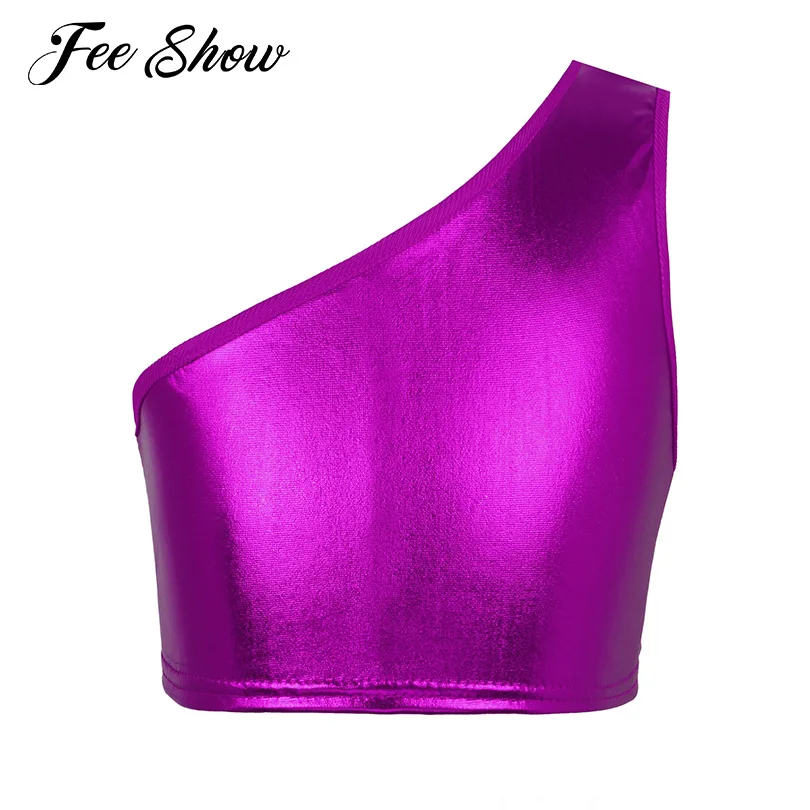 

Детский Блестящий укороченный жилет на одно плечо для девочек, без рукавов, с металлическим блеском, топы для выступлений, однотонный топ дл...